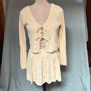 Pastel Yellow Knit Cardigan and Pleated Skirt Set